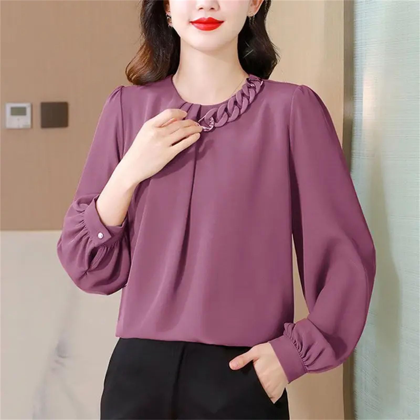 Camiseta de manga larga con cuello redondo para mujer, color liso, holgada, elegante, para uso diario