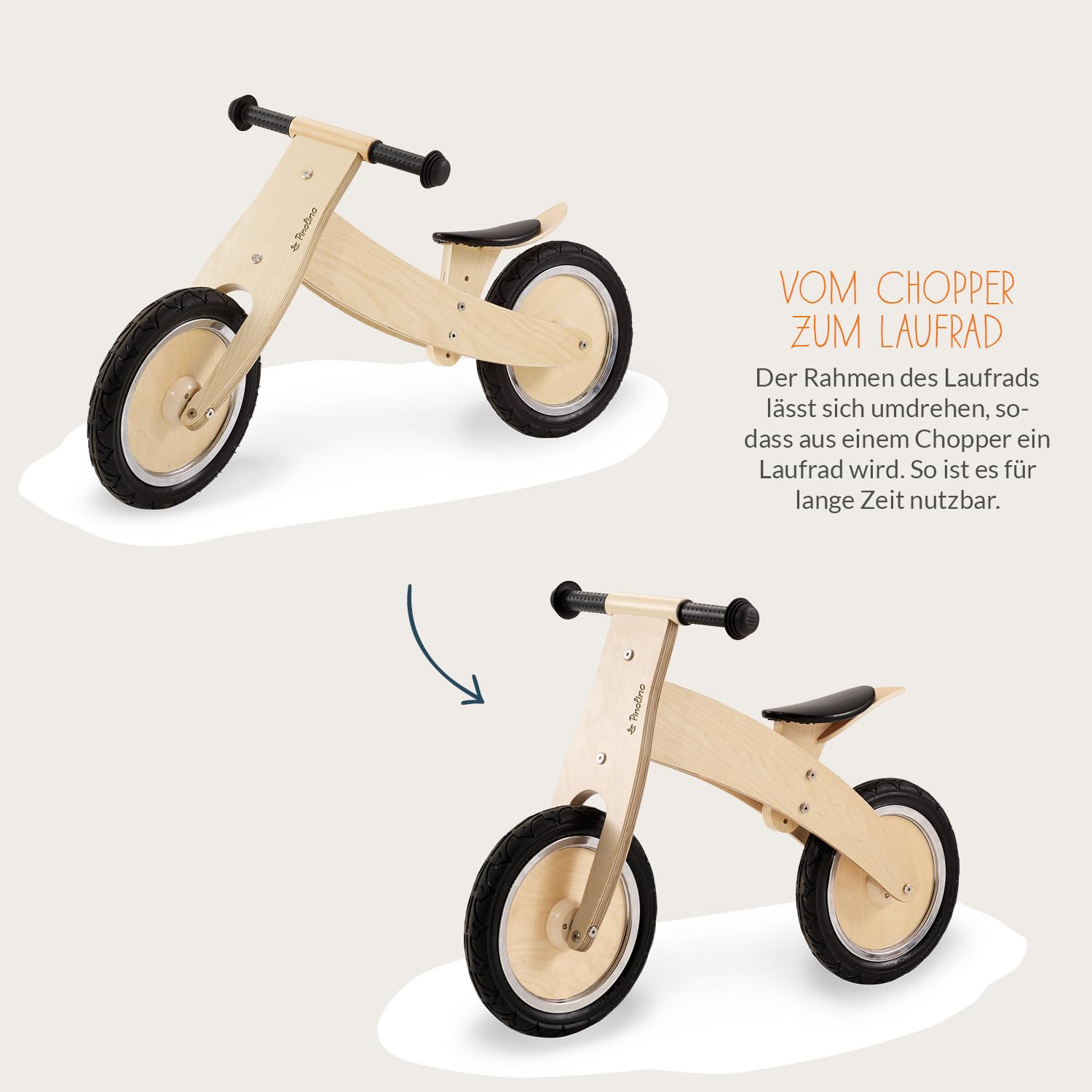 Pinolino 239471 Lino Balance Bike, Laccato Trasparente, in Legno, Pneumatici Non Piatti, Convertibile da Chopper a Balance Bike, per Bambini di età Compresa tra 2 e 5 Anni Naturale 85 x 38 x 55