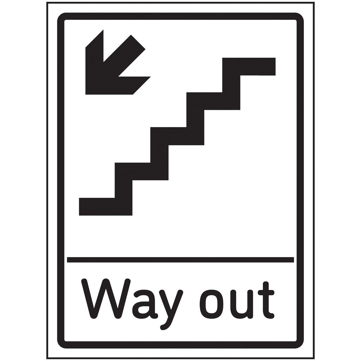 V Safety Way Out Arrow Down Stairs Left Sign - 150x200mm - Self Adhesive Aluminium Effect