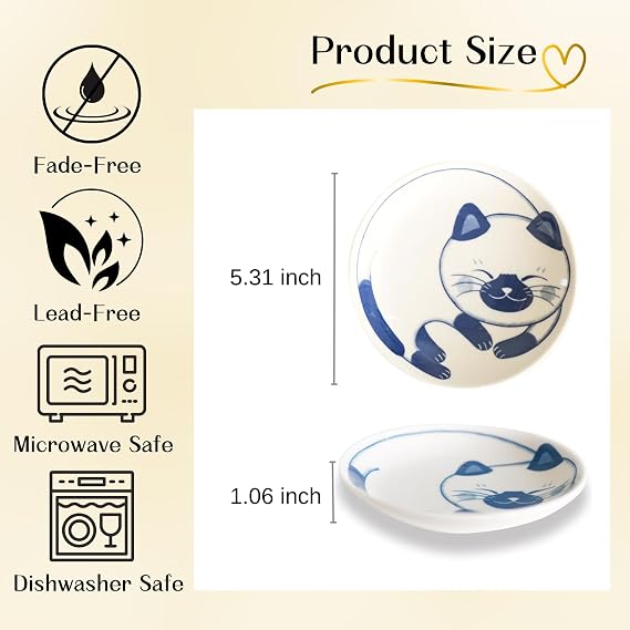 Dessert Salad Serving Plate Set Ceramic Cute Cats Design, 5.31inch x 1.06inch (13.5㎝×2.7㎝) Plates Set of 4, Mino Ware