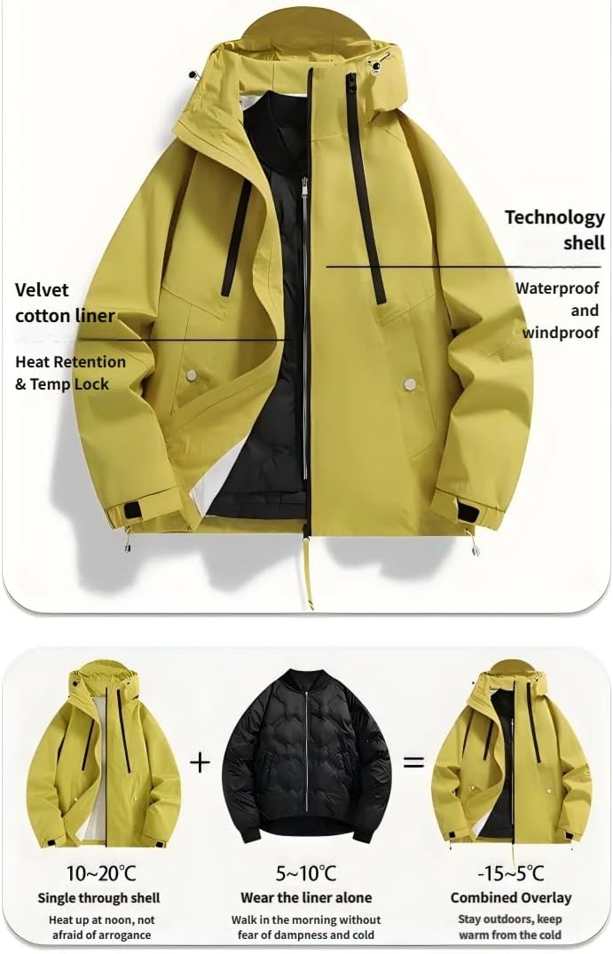 Unisex 3 in 1 Winter Jacket with Removable Padded Liner Water Repellent Casual Hooded Coat