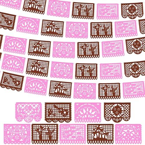 Image of VitalCozy 4 Pack 59 ft Mexican Papel Picado Banner Plastic Mexican Talavera Party Fiesta Banner Wedding Hanging Decorations for Cinco De Mayo Cielito Lindo Party Supplies(Pink Brown)