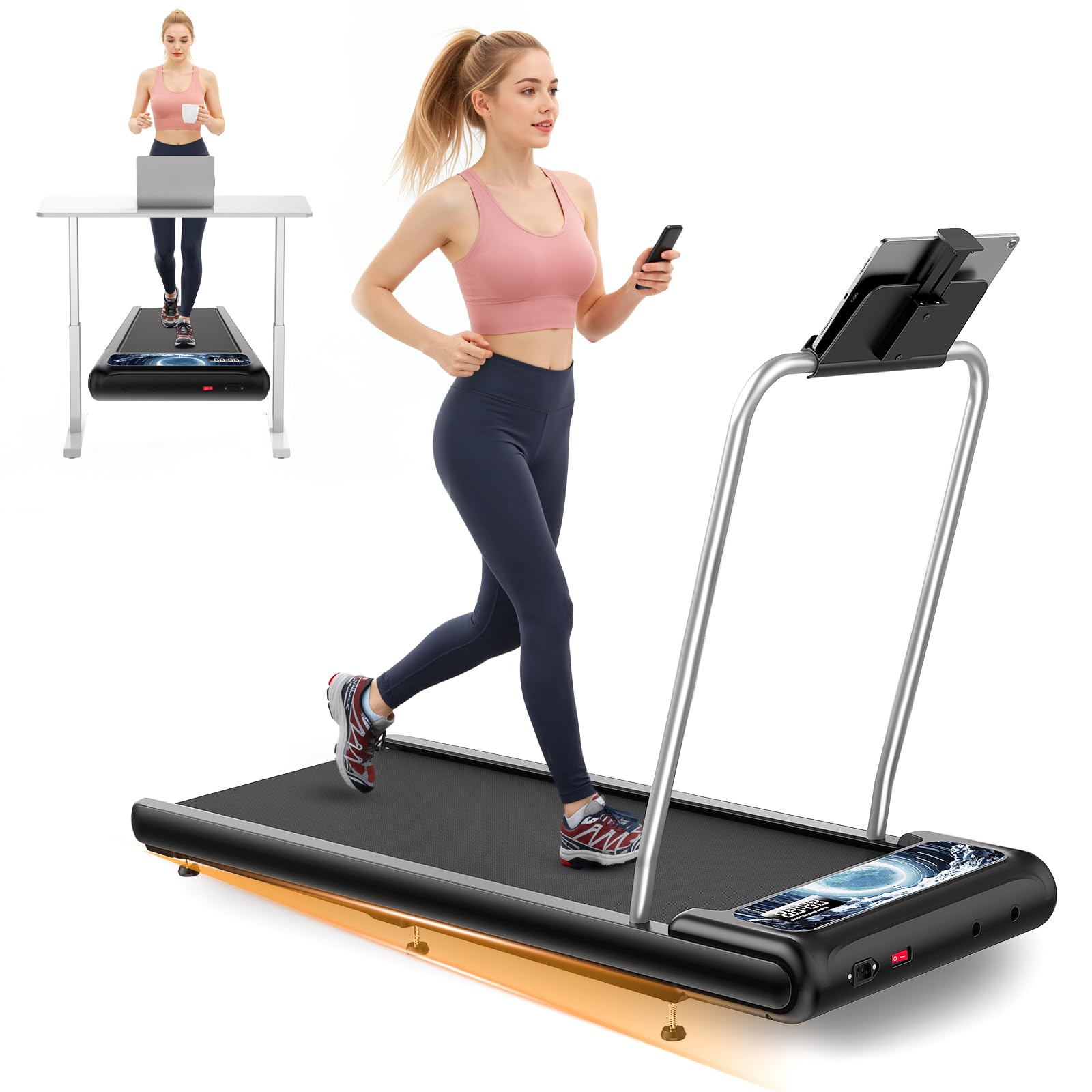 HOELLL Treadmills for Home Small with 0%-8% Incline and APP Sync, Compact Under Desk Walking Treadmill Pad with Handle Bar Removable, Remote Control