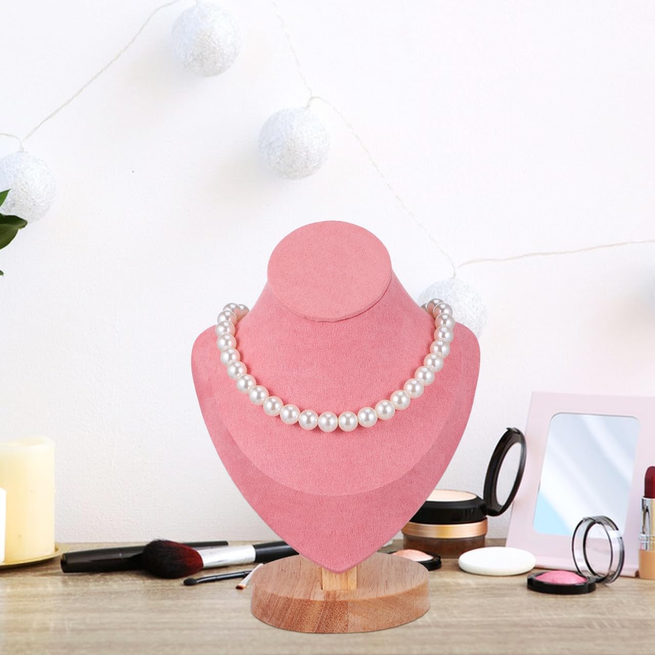 Pink Mannequin Bust Jewelry Organizer - Necklace Holder Stand with Wood Base for Home and Shop Display, 7.67 X 5.90 X 3.54 Inches