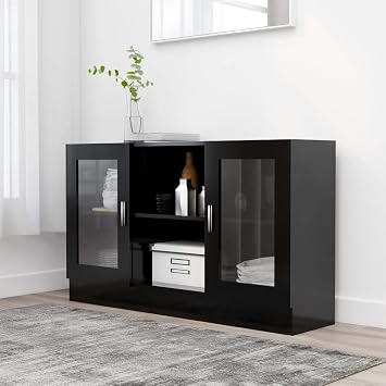 Modern Sideboard, 2 Doors & Open Storage Cabinets Tables Buffet Cabinet Cupboard/Buffet Table Home Furniture for Living Room, Black, Glass Door