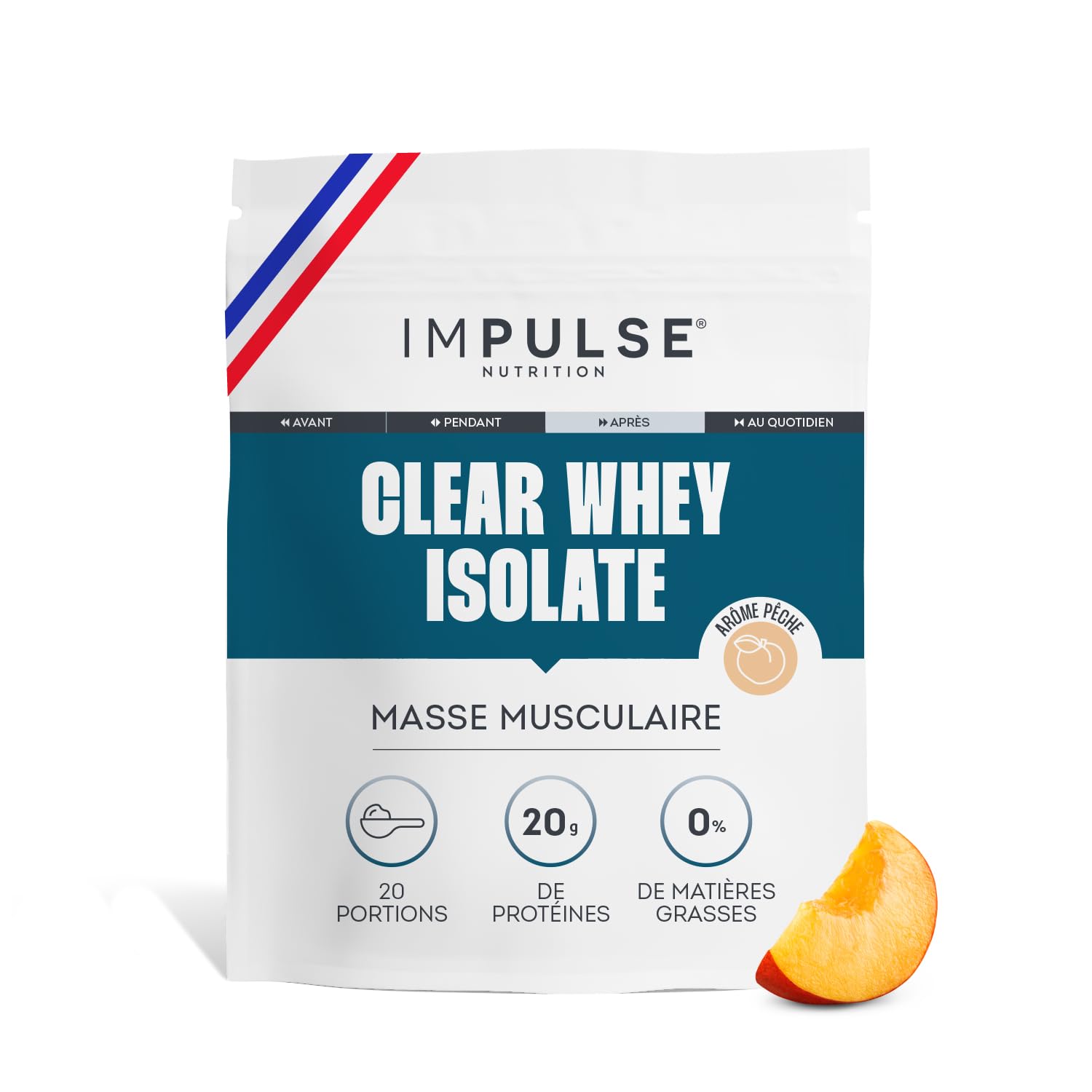 Impulse Nutrition - Clear Whey Isolate Pêche - 20g Protéines/Portion - 500g | Récupération Musculaire - Digestion Légère - 80g Protéines/100g - Arôme Pêche Naturel - Fabriqué en France.