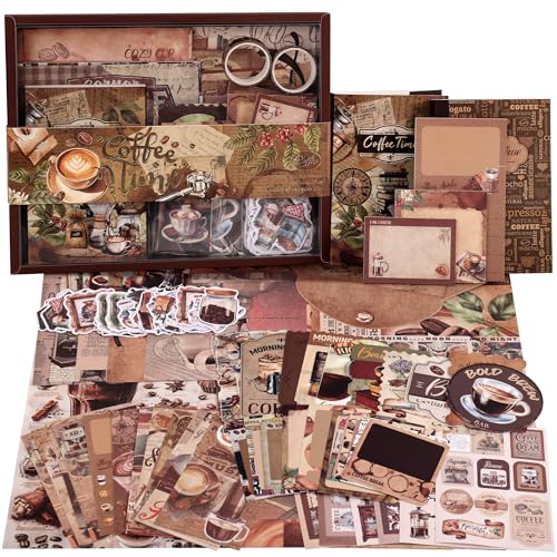 Image of emmoolife Scrapbooking Supplies Kit, Coffee Vintage Aesthetic Scrapbook Kit for Bullet Junk Journal, DIY Journaling Supplies with Coffee Bean Cup, Latte Art, Birthday Craft Gift for Teen Girl Women