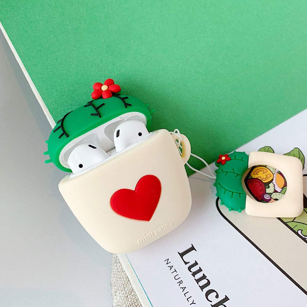 BONTOUJOUR AirPods Case Super Lovely Creative Cute Heart Pattern Flower Pot Bulbous Cactus Plant AirPods Case Soft Silicone Earphone Protection Skin for AirPods1&2+Hook -Red Heart Cactus