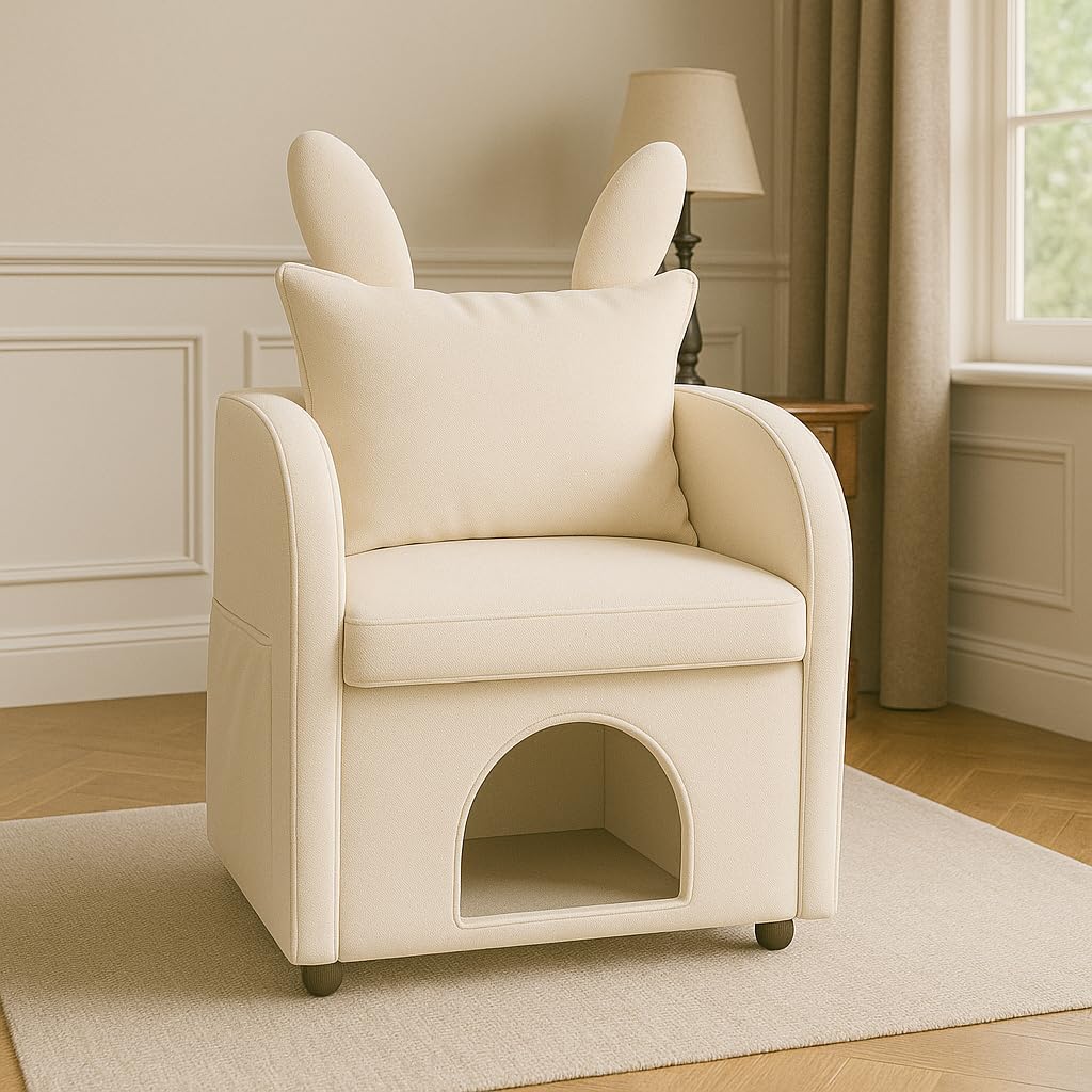 Beige Bunny Ear Pet Friendly Armchair with Built in Cat Dog Hideaway, Cozy Dual Use Sofa Chair with Side Pocket, Upholstered Single Sofa Chair for Living Room Bedroom Office