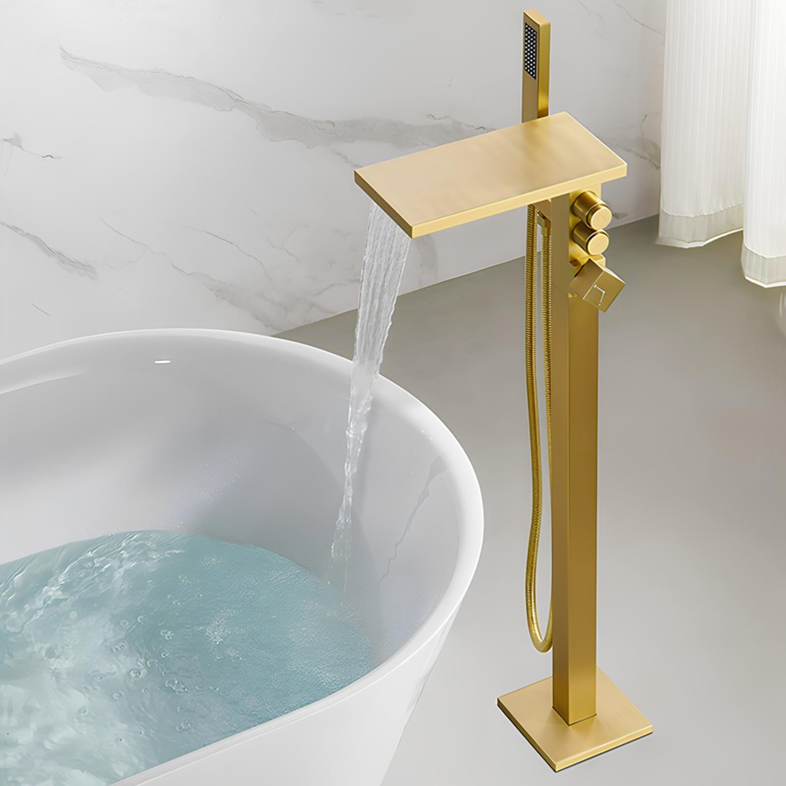 Robinet de baignoire sur pied cascade or brossé autoportant avec douchette
