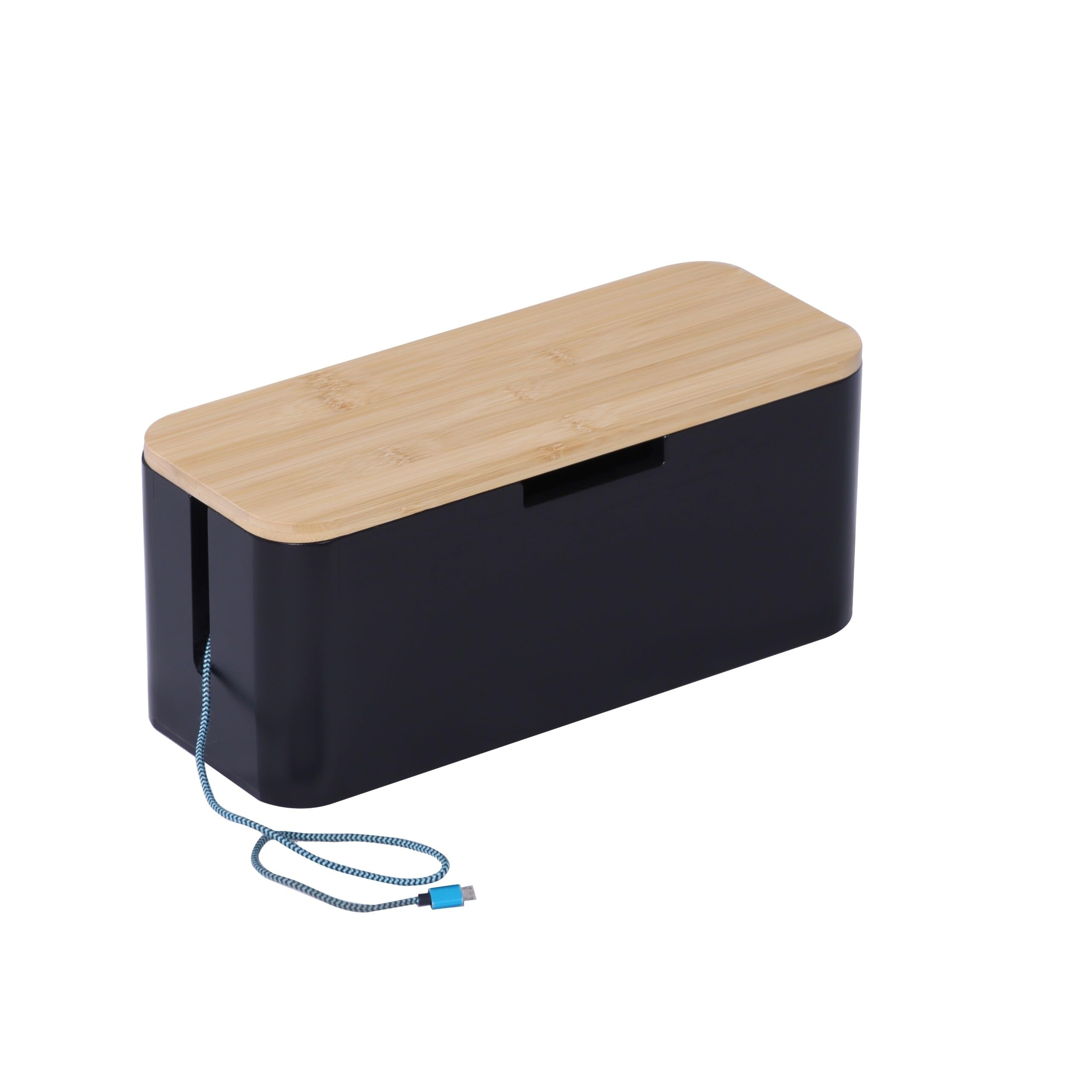 Relaxdays Scatola Porta Cavi in bambù, Coperchio, 14,5x34x13,5 cm, nasconde Cavi, Naturale/Nero