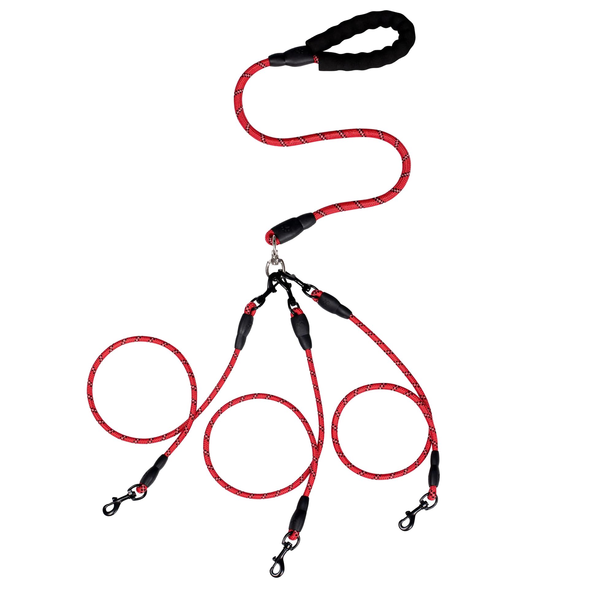 3-in-1 Dog Lead for 1/2/3 Dogs, Heavy Duty Triple Dog Leash with 360° Tangle-Free Swivel, Strong Nylon Splitter Lead with Padded Handle for Medium & Large Dogs (RED 3 in 1)