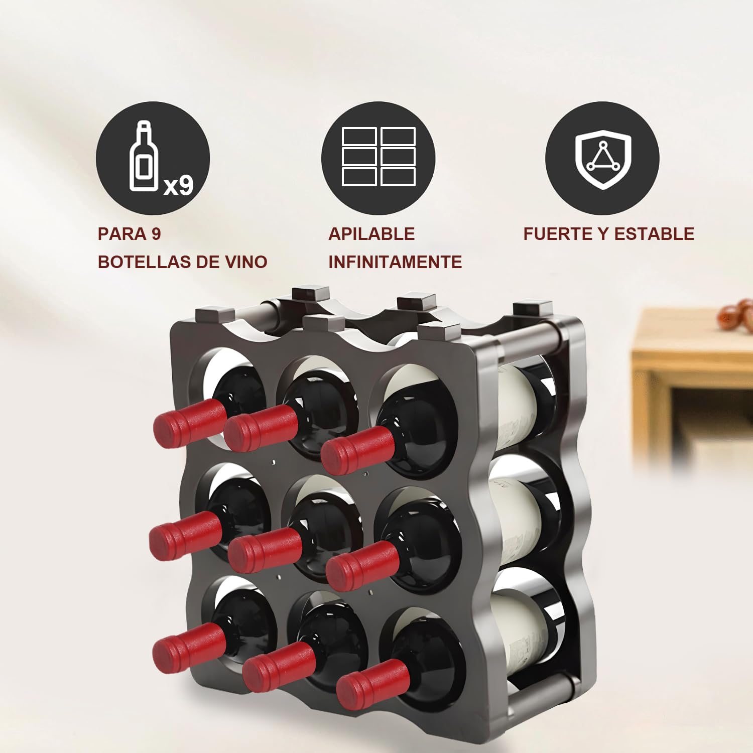Soporte para Botellero Modular de Plástico Apilable para 9 Botellas, Estanterías para Botellas de Vino, Estante de Almacenamiento para Exhibición de Vinos, Ideal para Hogar, Bar y Bodegas