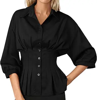 Women Pleated Peplum Blouse 3/4 Sleeve Button Down Cinched Waist Shirt Fitted Flattering Office Daytime Top