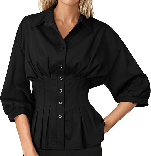 Women Pleated Peplum Blouse 3/4 Sleeve Button Down Cinched Waist Shirt Fitted Flattering Office Daytime Top