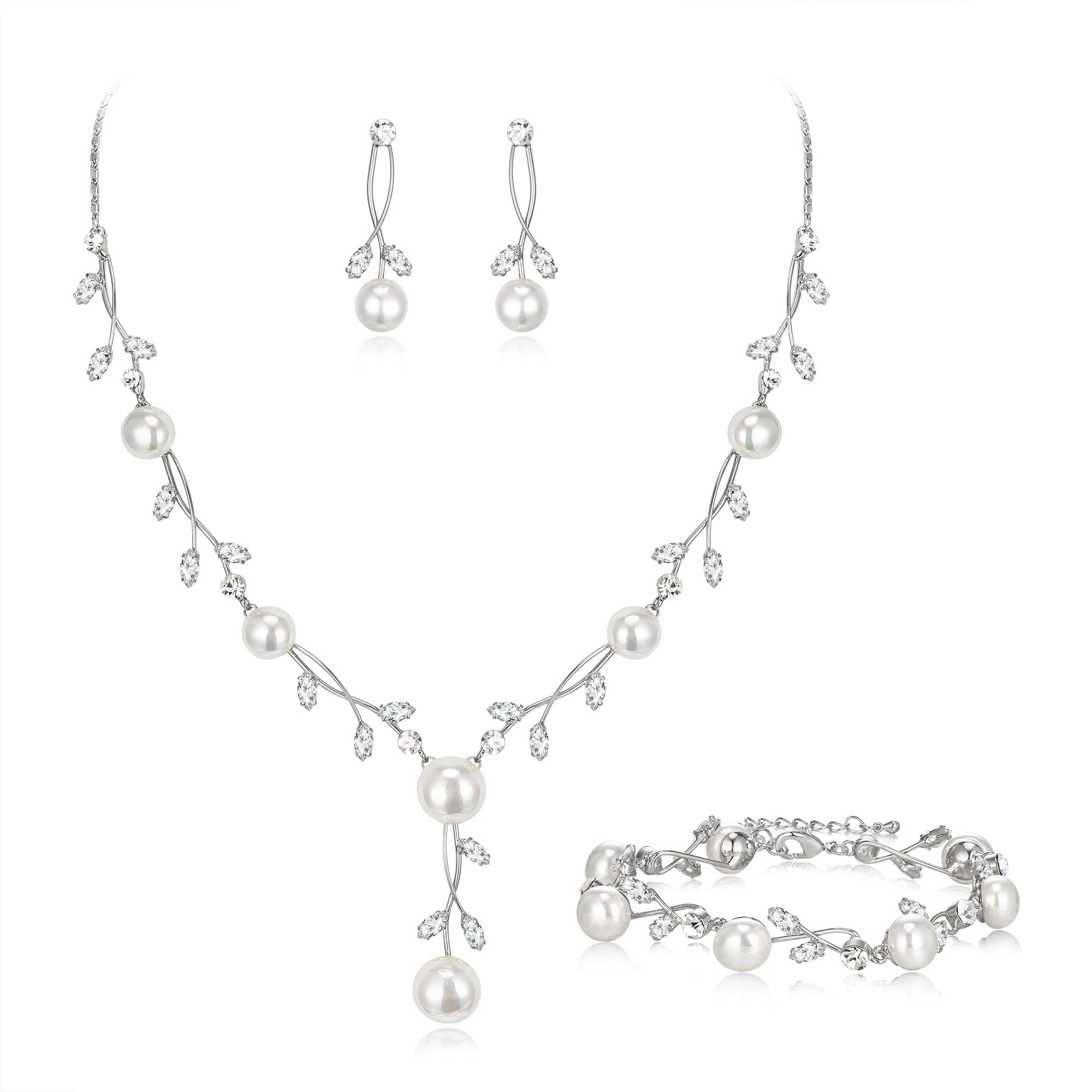 EVER FAITH Set di 3 gioielli per sposa, placcato argento chiaro, zirconcio e perla simulata, filigrana foglia, collana, orecchini, bracciale