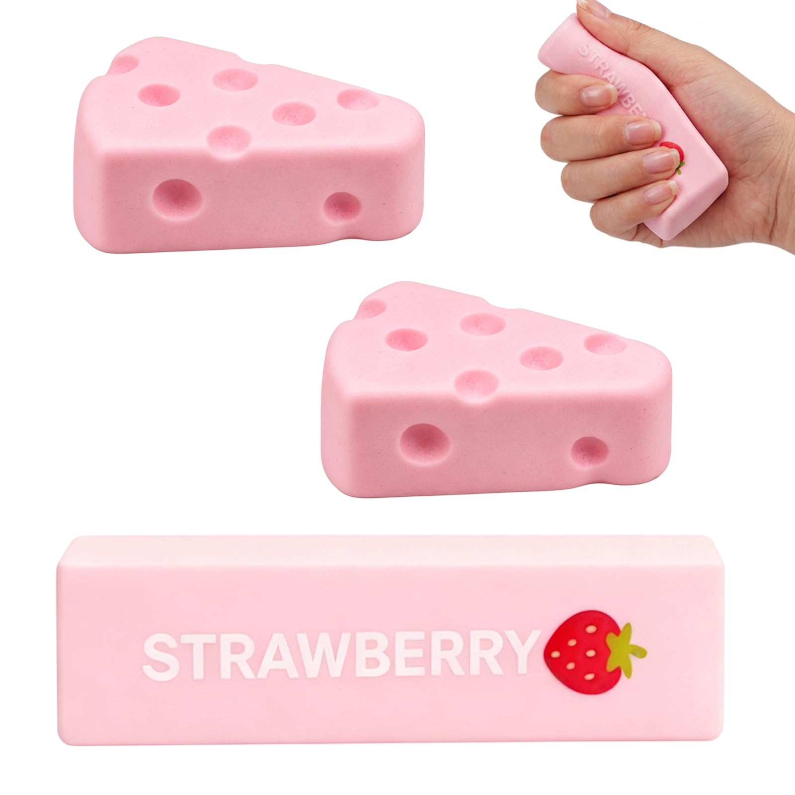 3 PCS Pink Butter Squishy Set, Butter Squishy Pink Strawberry & Cheese Shaped Decor, Soft Relaxation Ornament for Office Desk Decoration, Party Gift and Daily Leisure
