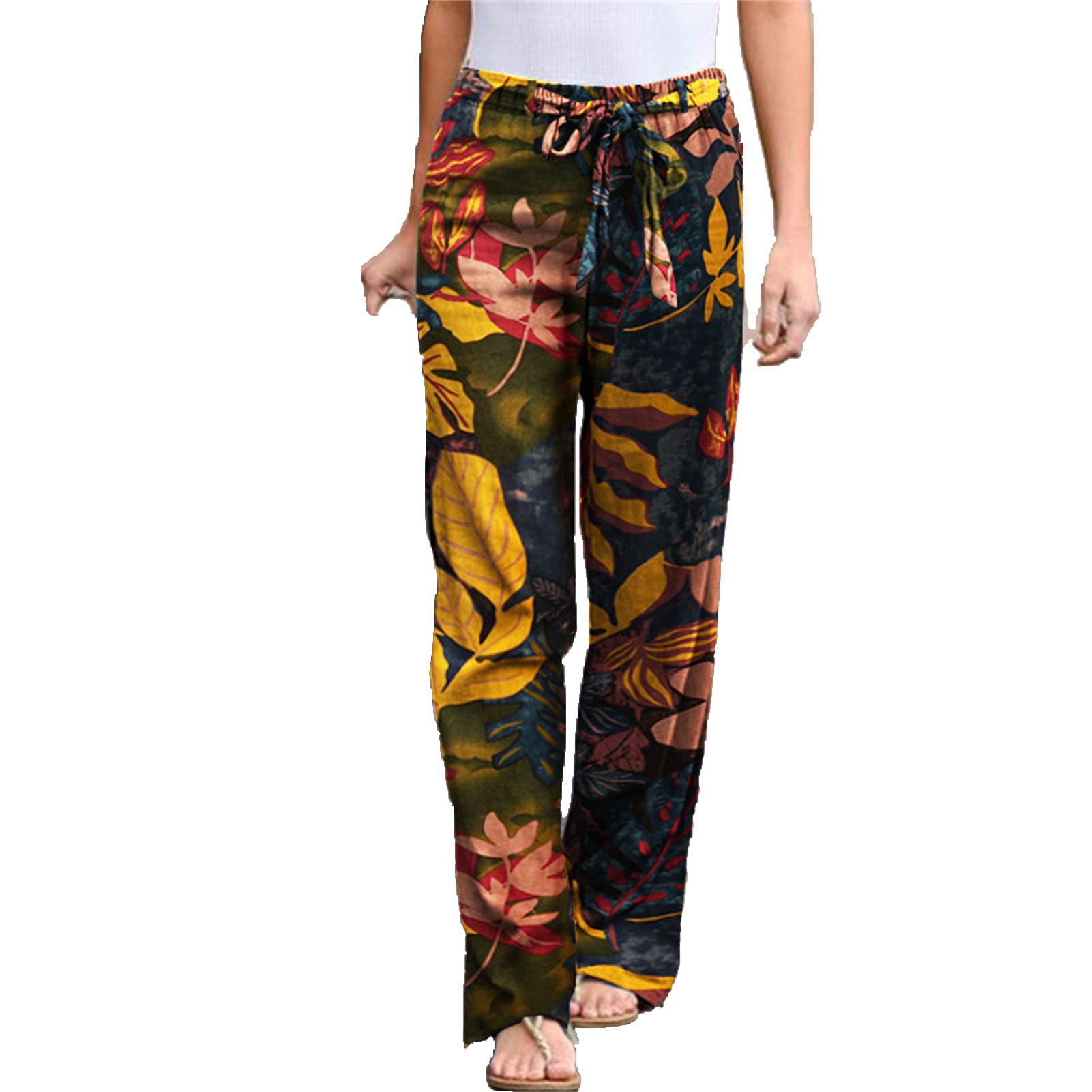 Maiyifu-GJ Women Floral Print Linen Belted Pants Elastic High Waist Printed Hippie Trousers Casual Beach Wide Leg Lounge Pant (Yellow 1,5X-Large)