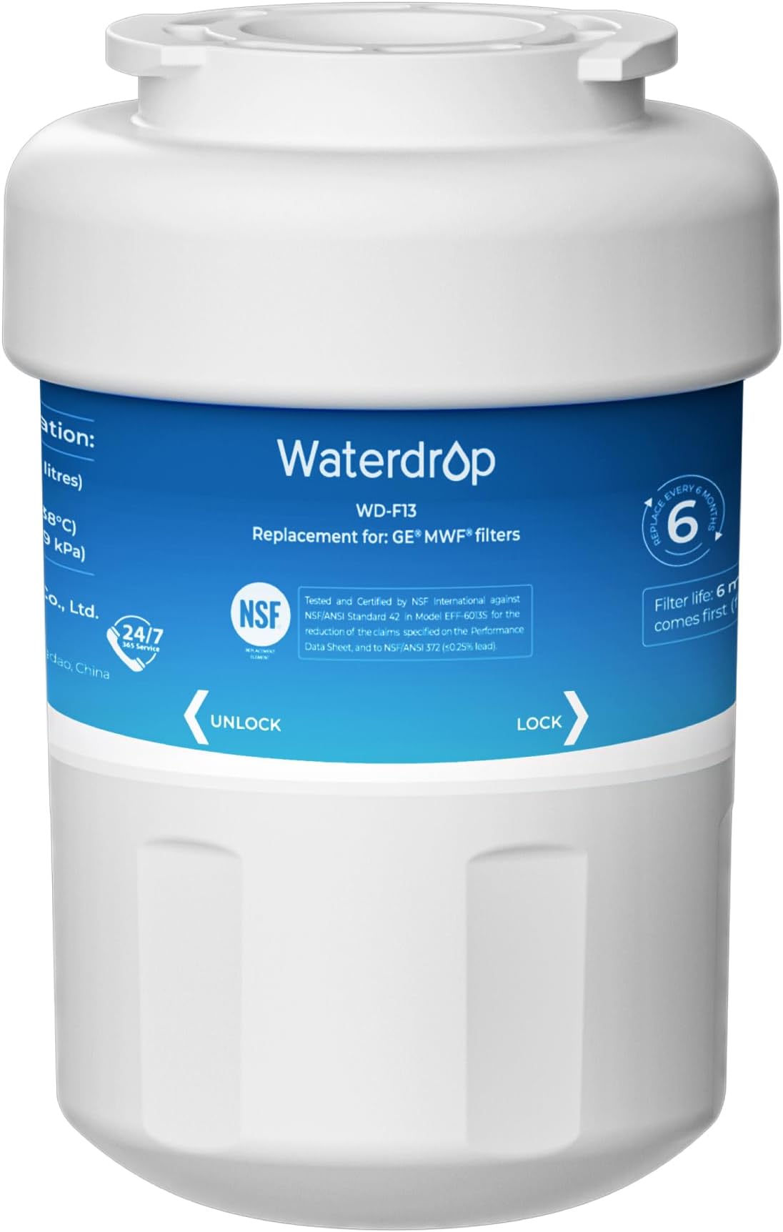 Waterdrop WD-F13 Refrigerator Water Filter, Replacement for GE® SmartWater® MWF®, MWFINT, MWFP, MWFA, GWF, HDX FMG-1, Kenmore® 9991, GSE25GSHECSS, WFC1201