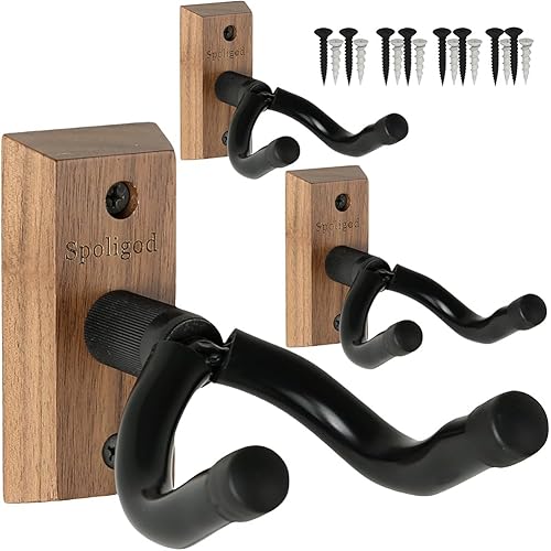 Guitar Wall Mount Hanger 3 Pack, Guitar Hanger,Black Walnut Guitar Hook Holder Stand for Acoustic Electric Bass Guitar Ukulele Mandolin at Home, Studio