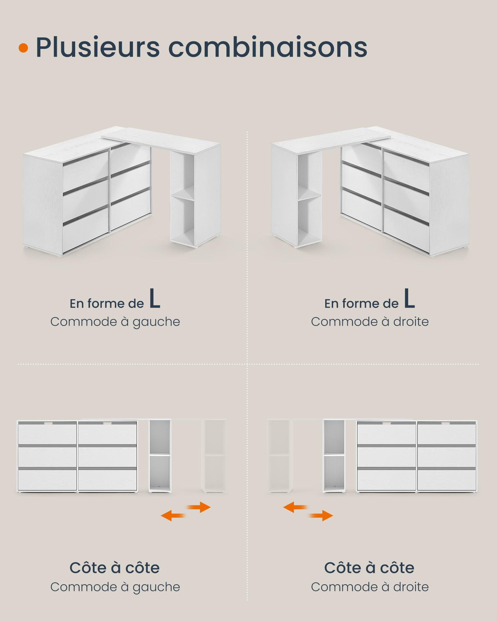 SONGMICS HOME Commode Chambre, Assemblage Rapide sans Outils Toolless, Coiffeuse, Meuble de Rangement, avec Étagère, Côte à Côte ou en L, pour Chambre, Bureau, Blanc Neige LTS656W01