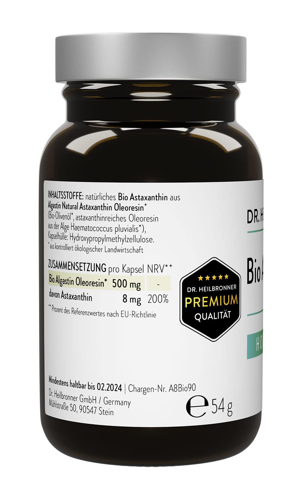 Dr. Heilbronner Bio Astaxanthin 8mg Kapseln hochdosiert in der Glasflasche I Antioxidantien aus der Vitalalge Haematococcus Pluvialis I Supplements Carotinoide Kapseln vegan glutenfrei & lactosefrei