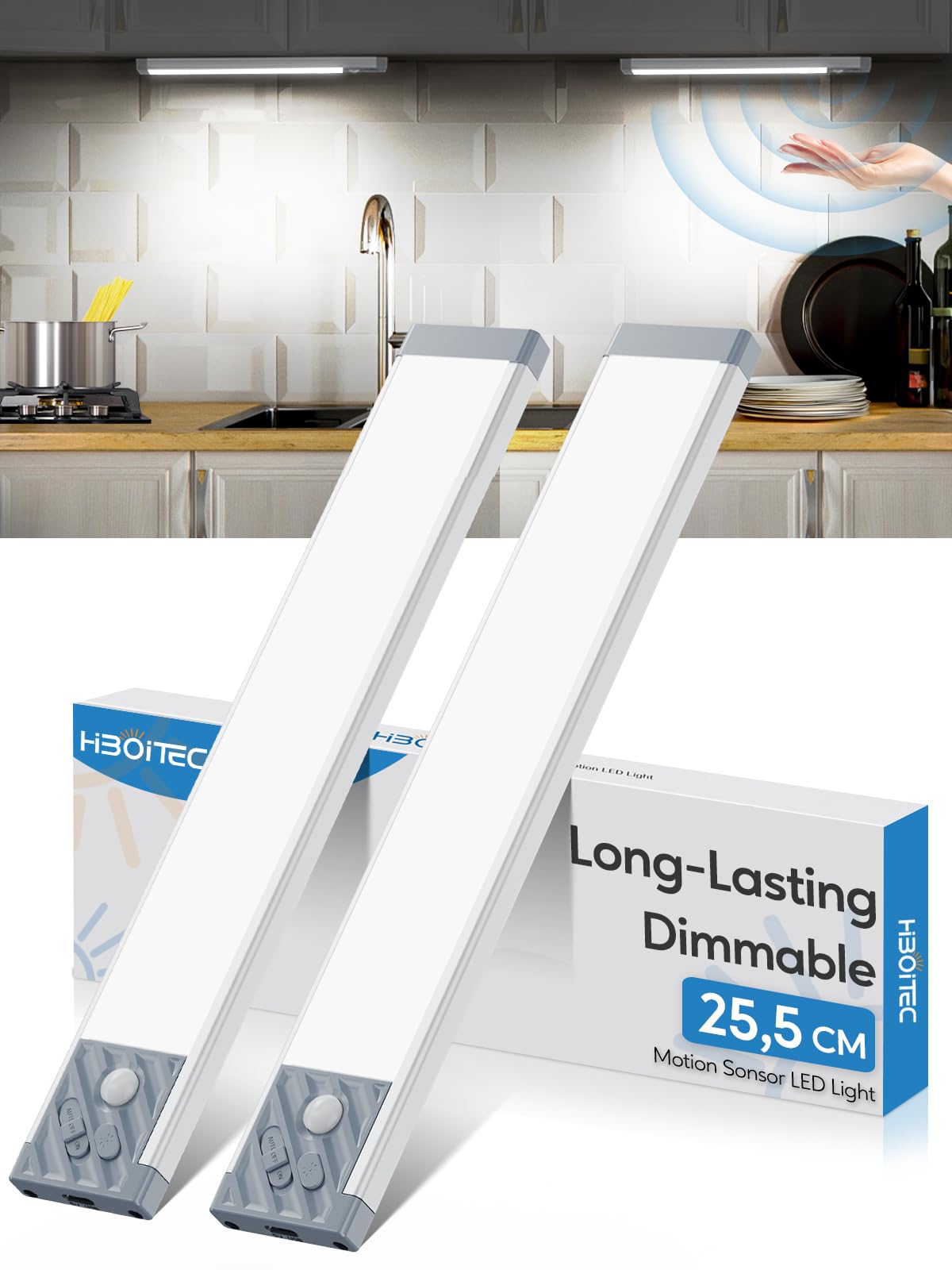 Luz Armario Sensor Movimiento, Led Cocina Bajo Mueble USB-C Recargable, Regulable Tira Magnética Adhesiva Luces Armarios con Sensor Sin Cable para Cocina, Armario, Pasillo (Luz Blanca Fría, 25,5CM)