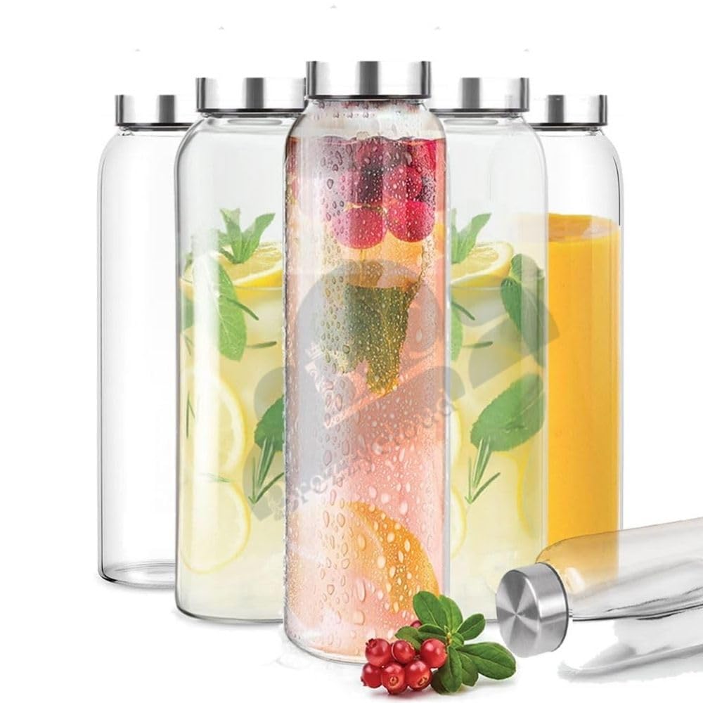 Brezzycloud Glass Fridge Water Bottle with Steel Cap | Leak proof & break-proof | Wide mouth & Easy to Clean | Best Usage for Office/School/College | Set of 6, 800ml | Clear