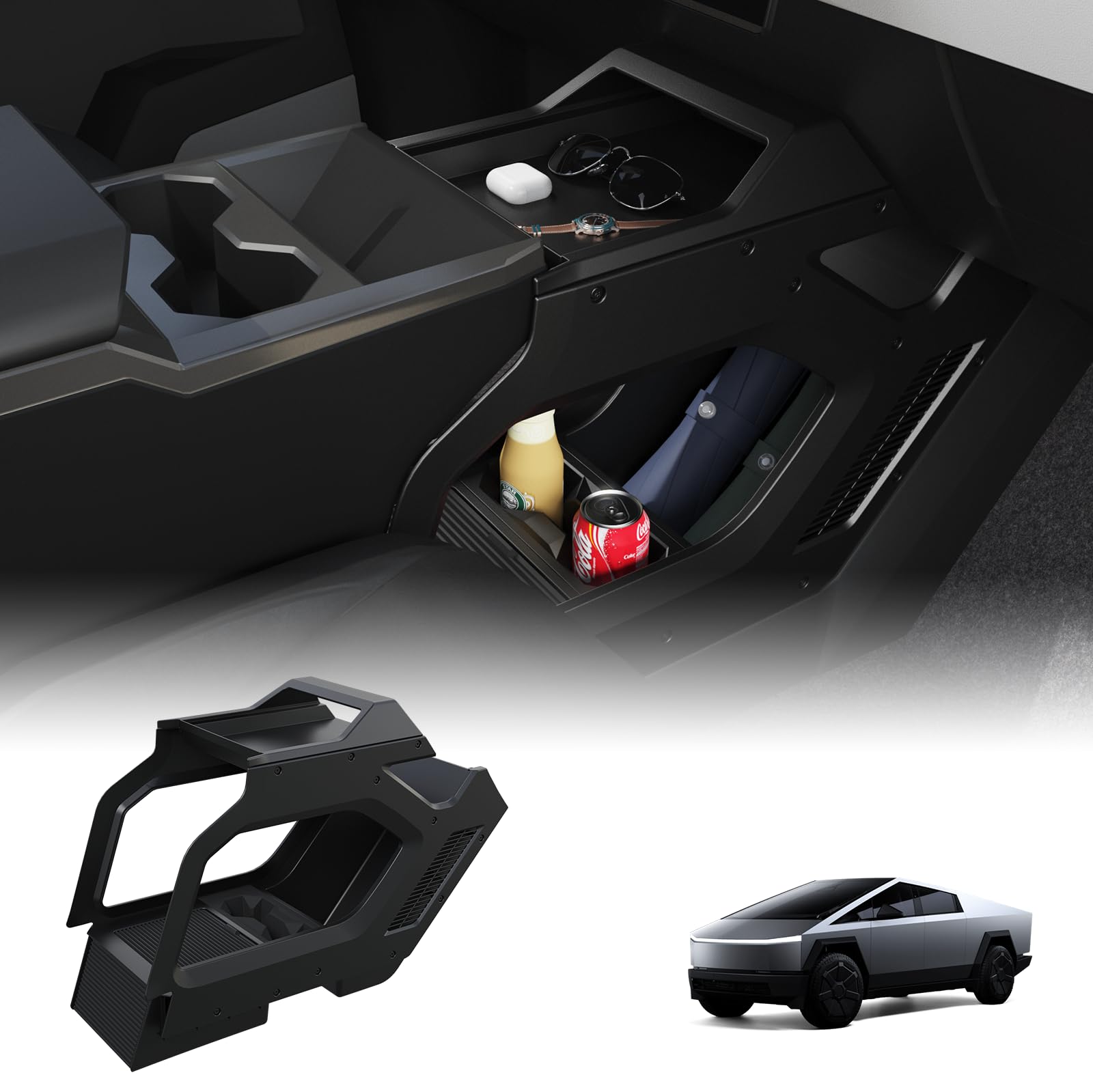 TESCYBERMODS Lower Center Console Organizer for Cyber Truck 2023 2024 2025 2026, Custom Fit Double-Layer Floor Storage Tray Insert, Cyber Truck Accessories Interior Storage Box (Interior Black)