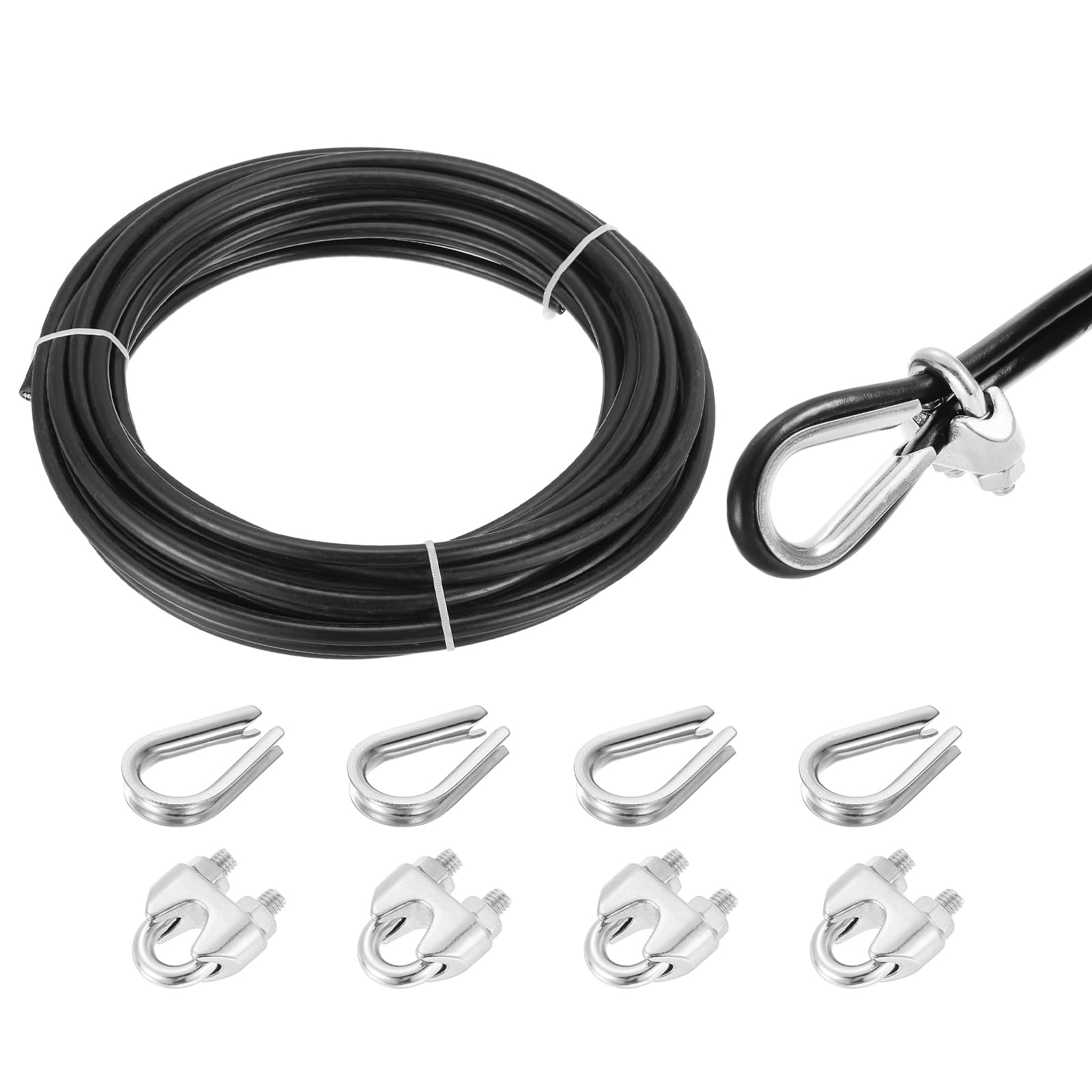 QUARKZMAN Cavo In Acciaio Inox 304 Con Rivestimento In Vinile 8mm (5/16") 10m Nero Con 4 Pezzi Di Morsetti A Vite E Girelle Per Ringhiere, Pavimentazioni, Appendere, Corda Per Bucato