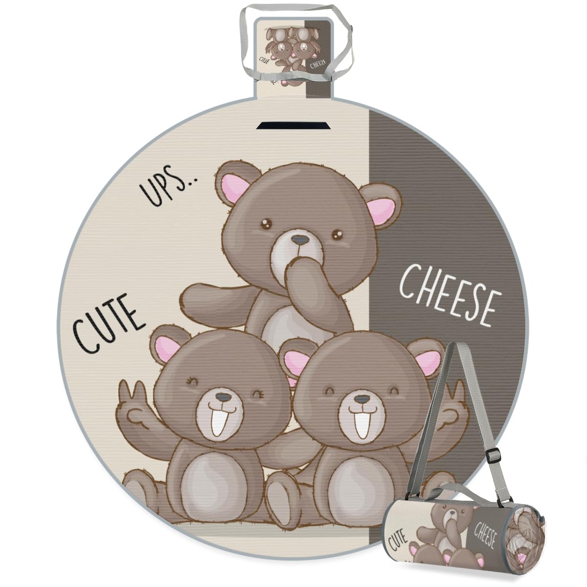 Shimoshe Cute Bear Picnic Outdoor Blanket Foldable Waterproof Sandproof Beach Blanket Portable Water-Resistant Animal Bear Round Picnic Mat for Travel Camping Park Lawn