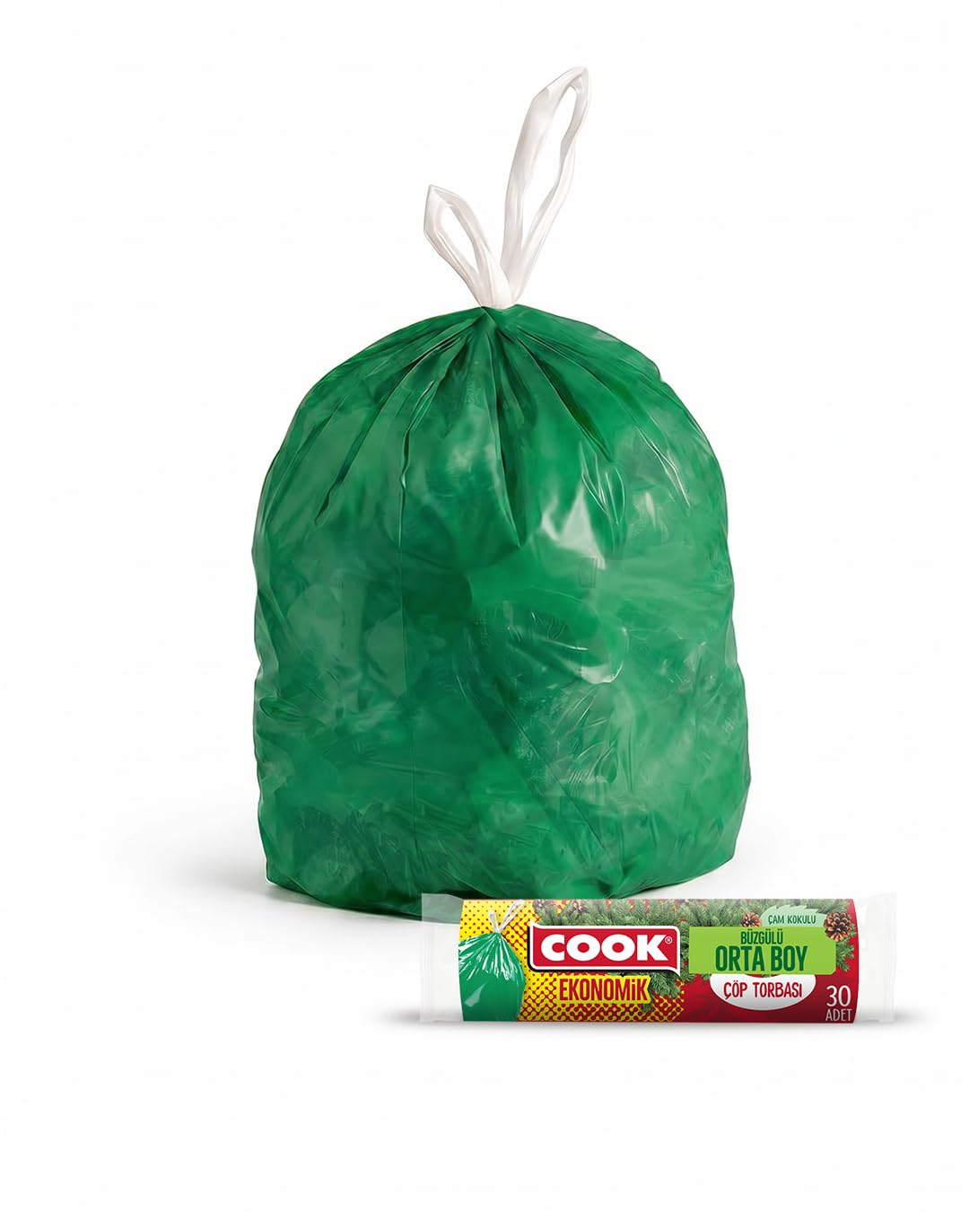 Cook Eko Büzgülü Çöp Torbası, Orta Boy, 55 x 57 cm, 30 Yaprak, Çam Kokulu, Yeşil