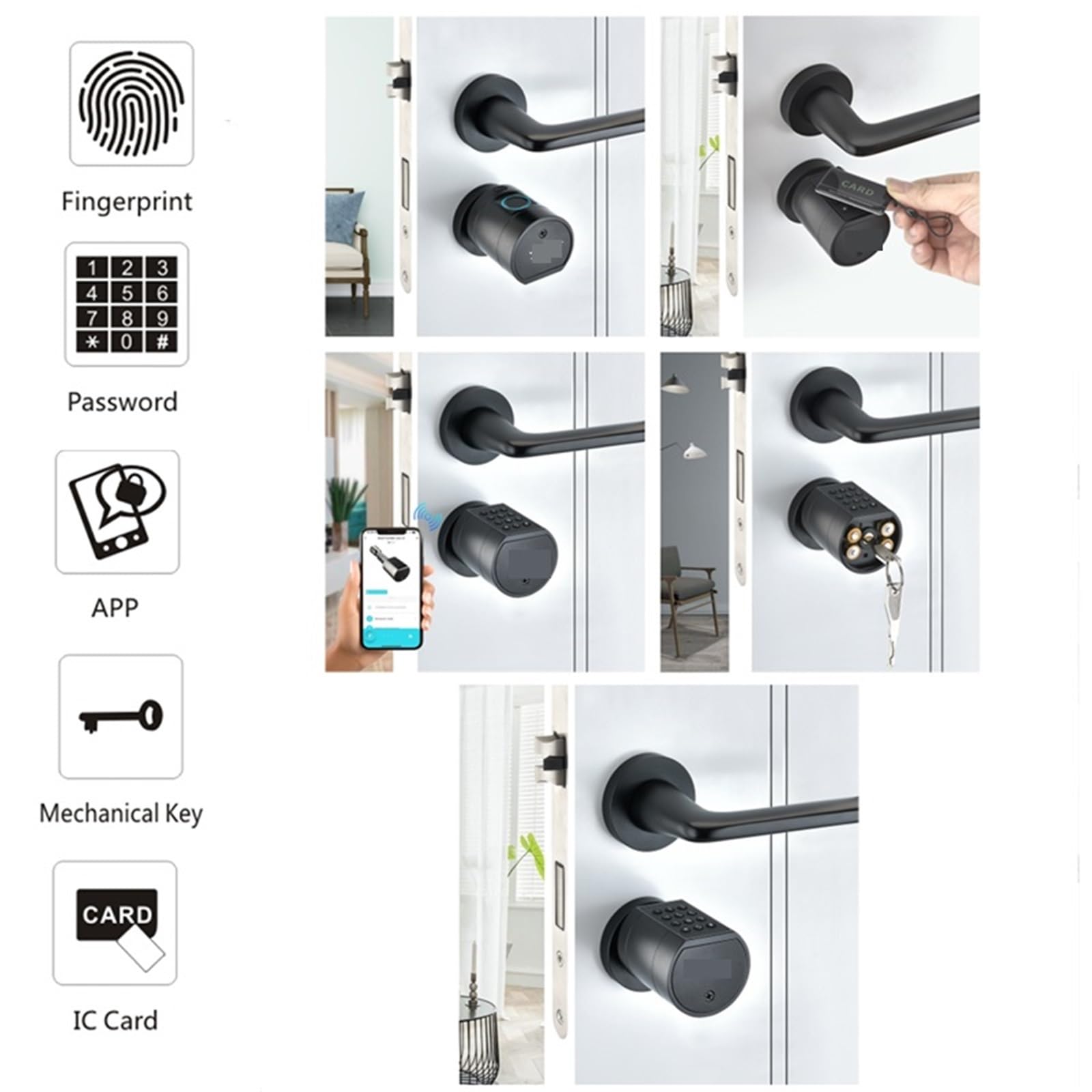 Cerradura Electronica, Cerradura de puerta inteligente electrónica con cilindro de huella dactilar, teclado Digital, código, tarjeta, Control remoto, ajustable, for casa y apartamento(Silver)