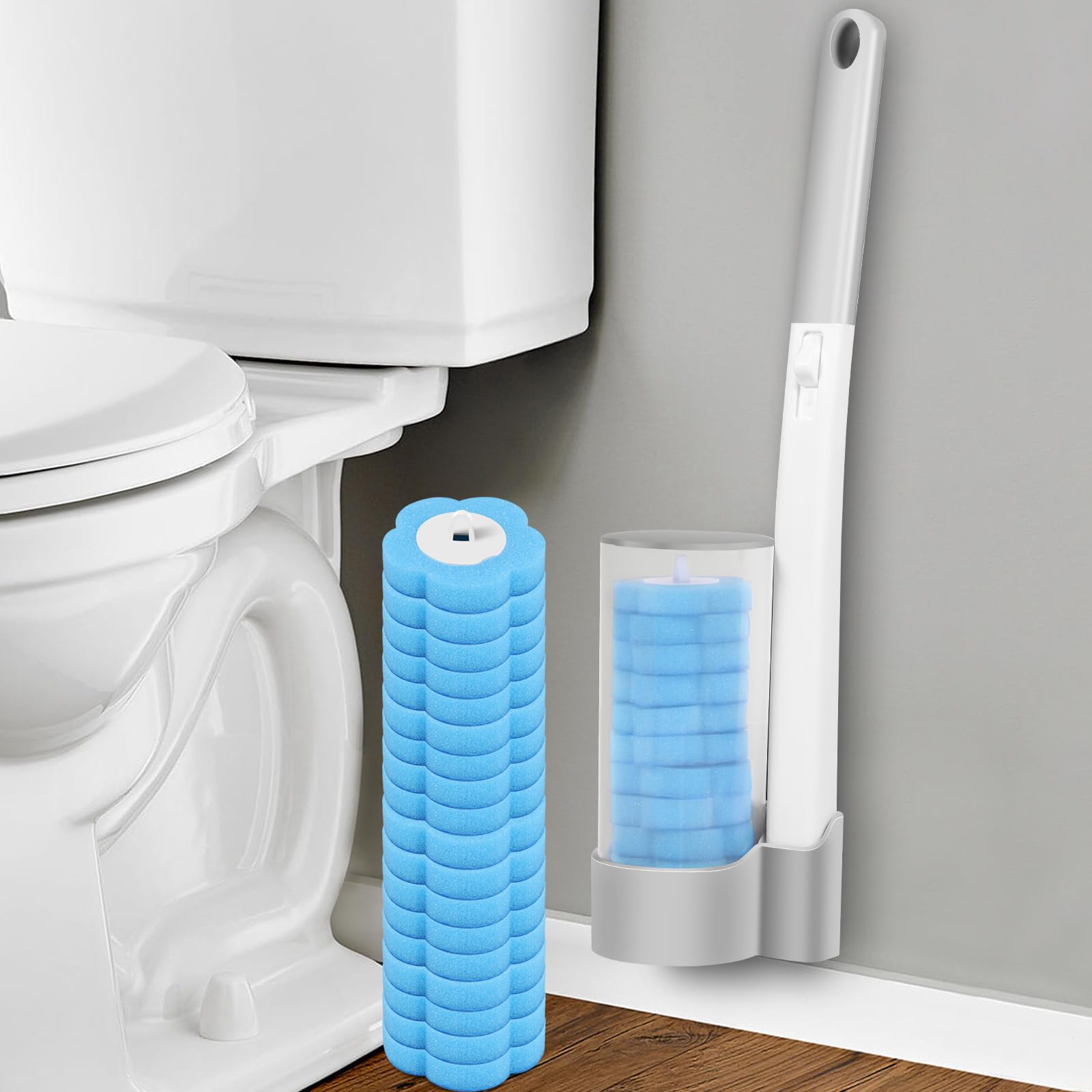 Disposable Toilet Brush Toilet Wand Kit with 18 Refills Wall Mounted Disposable Toilet Cleaning System Adhesive Toilet Bowl Brush Storage Caddy with Storage Holder and Sticky Toilet Bowl Cleaner