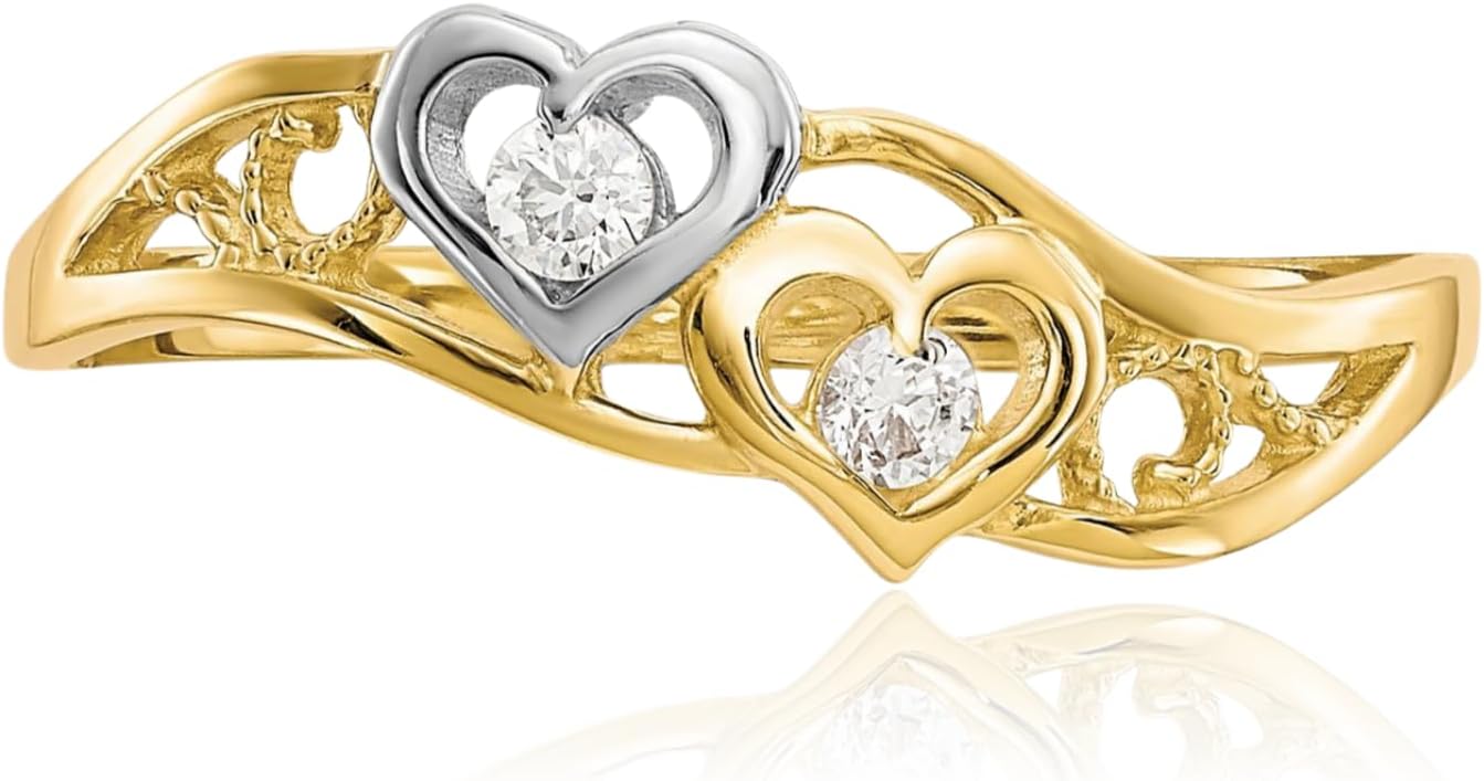 IceCarats 10K Solid Yellow Gold Cubic Zirconia Filigree Double Heart Promise Ring 1mm Slim Band Round Cut, Prong Set