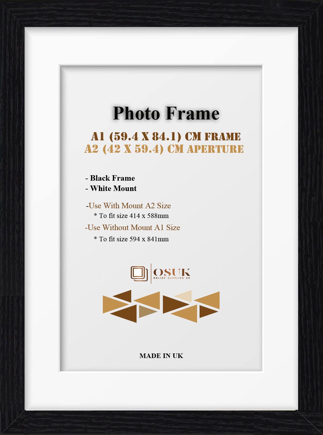 Frame Eazy Black Osuk A1 Frame With A2 Mount - Modern Photo Frame With White Mount - Clear Perspex Front & Wall Mounting Poster Frame - A1 Picture Frame With A2 White Mount