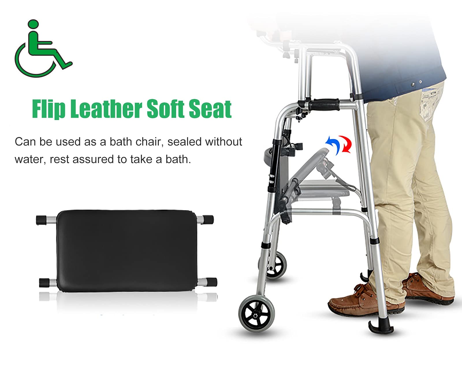 Andador con ruedas con asiento, plegable, ligero, con almohadilla for reposabrazos, andador portátil con ruedas for personas mayores, ayuda for caminar de aluminio de gran potencia