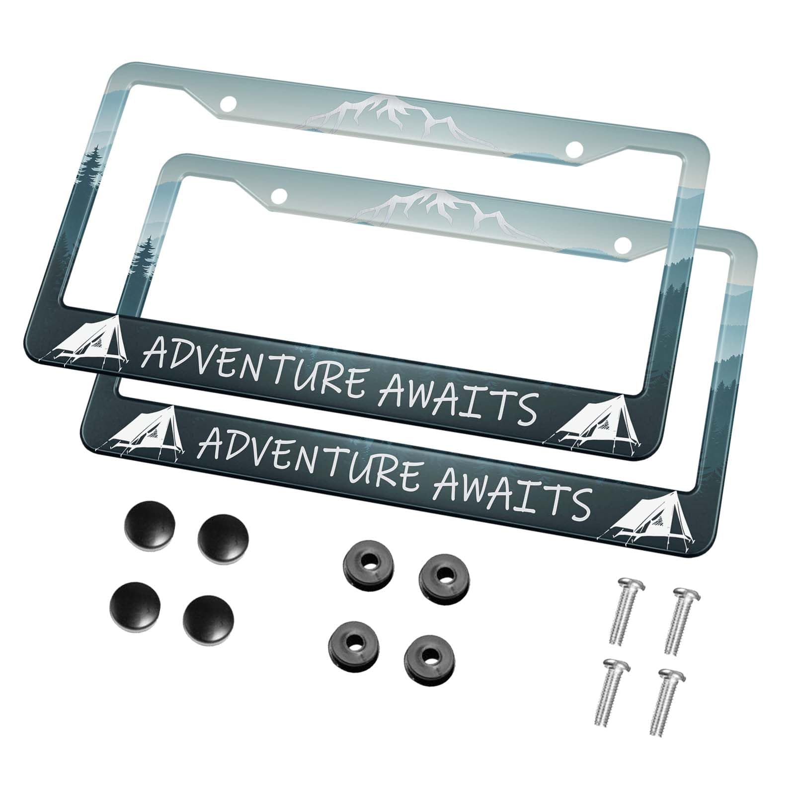 HOSNYE Adventure Awaits License Plate Frame Black 2 Pcs