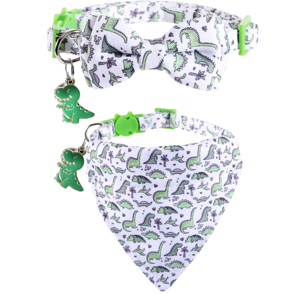 Cat Collar Breakaway with Cute Bow Tie Bandana and Bell Dinosaur Accessories for Kitty Adjustable Safety