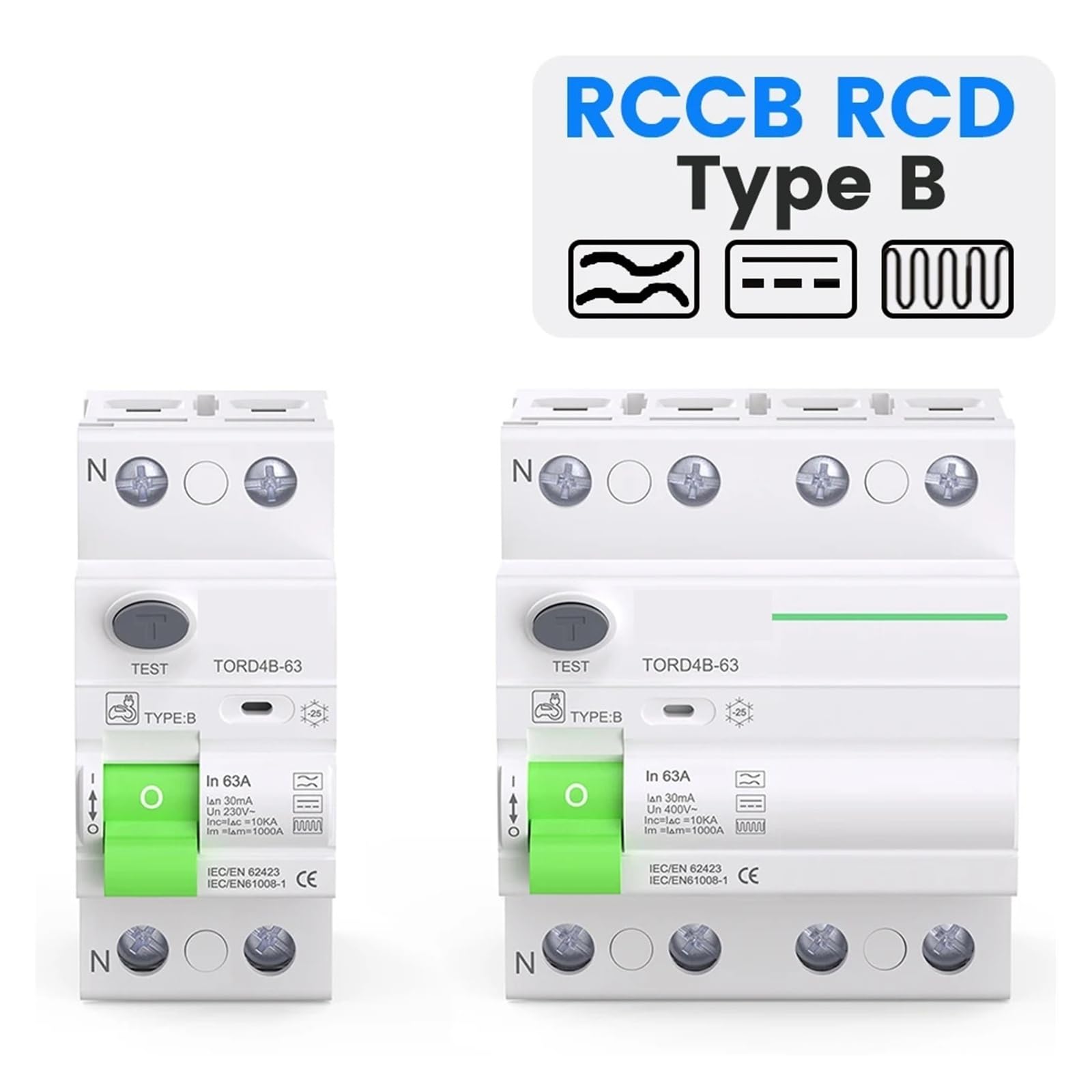 Disjoncteur Différentiel Différentiel Type B, 2P, 4P, CA 40 A, 63 A, 30 MA, 100 MA, 300 MA, 10 KA, Rail DIN 230 V(40A,2 Pole 30 mA)