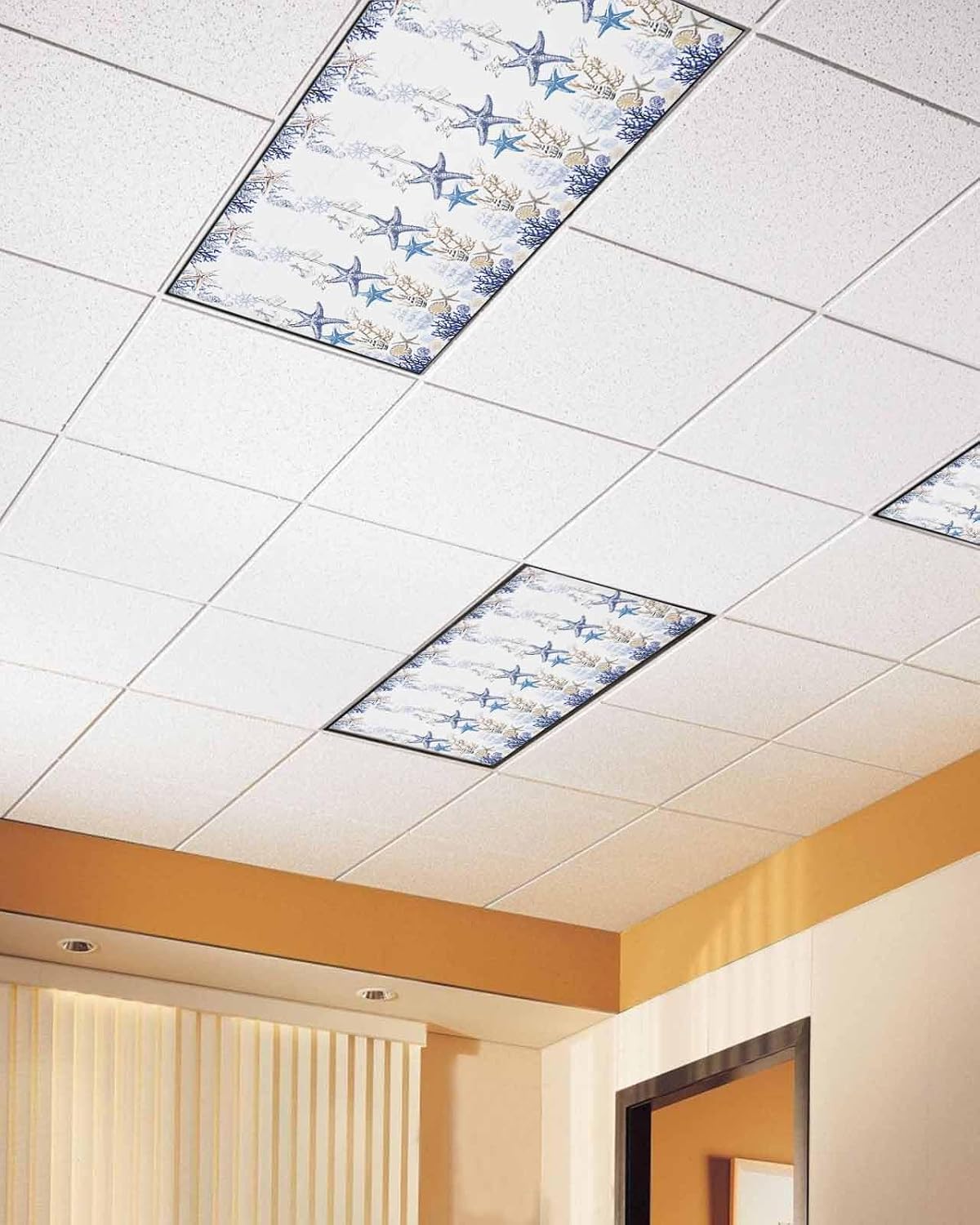 Ocean 3 Pcs Fluorescent Light Covers, Vintage Nautical Starfish Seahorse Magnetic Filters Shade Panel Light Covers for Ceiling Lights Classroom Office Home Ceiling Decoration, 4 x 2 Ft