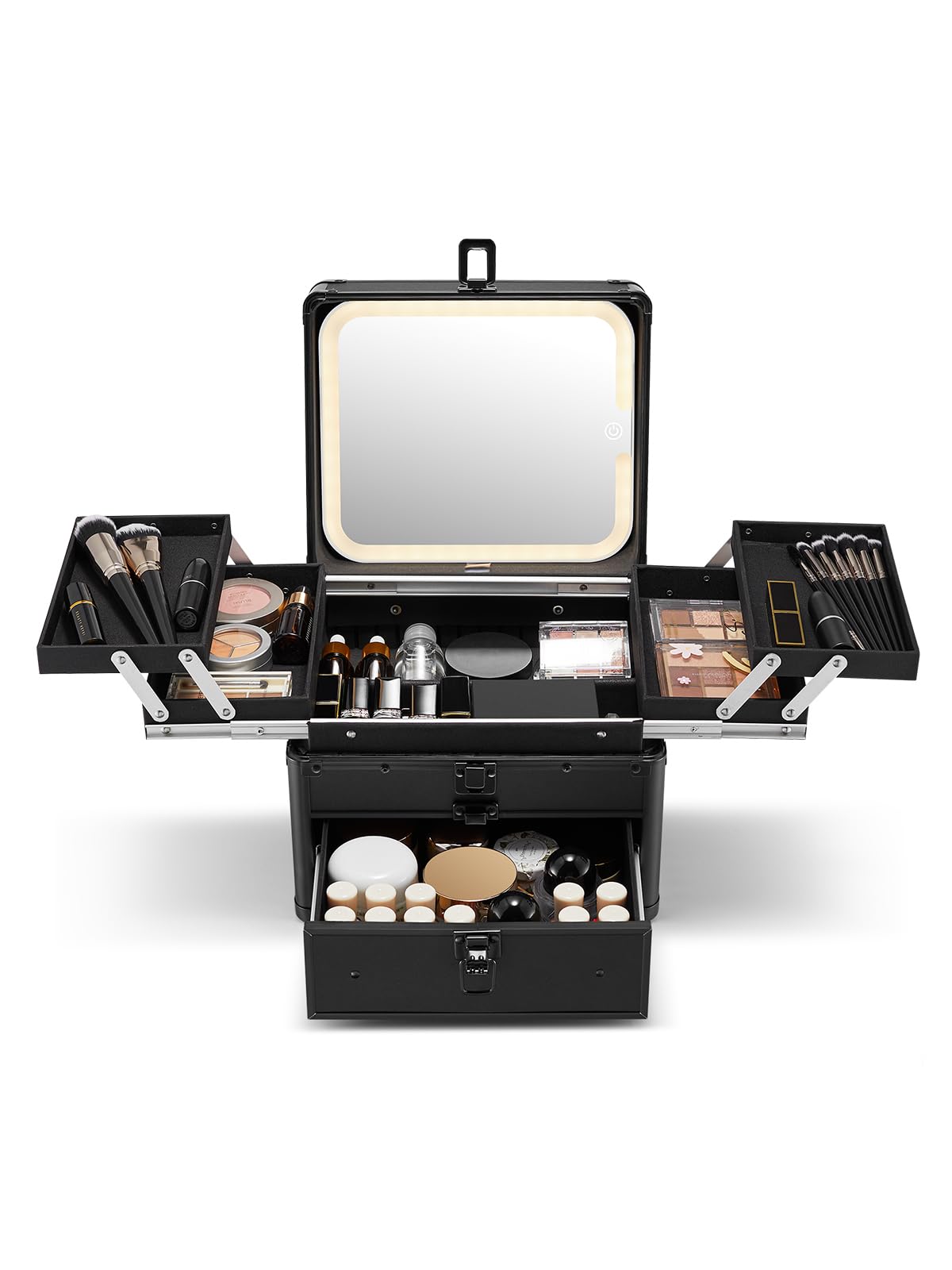 Qislee Makeup Box with Drawer and Four Trays, A Detachable Lighted Mirror, Waterproof Travel Train Case, Cosmetic Organizer and Makeup Suitcase with Magnetic LED Mirror(Black) Black Large