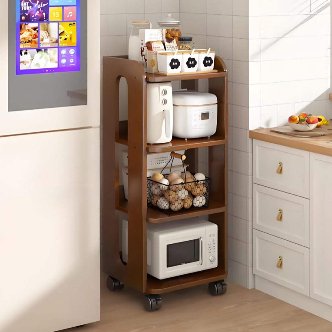 YVYKFZD Narrow Standing Shelf, Wooden Slim Storage Cart, Rolling Kitchen Utility Cart with Wheels, Freestanding Bathroom Organizer, for Dining Room, Pantry, Bakers(Walnut,4 Tier 10.6"x10.2"x39.1")