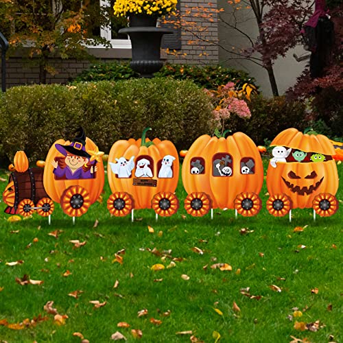 Shellwei 4 Pcs Halloween Pumpkin Train Skeleton Train Yard Signs Decorations Outdoor Halloween Yard Decorations with Stakes Cute Trick or Treat Stakes Signs for Decoration(Pumpkin)