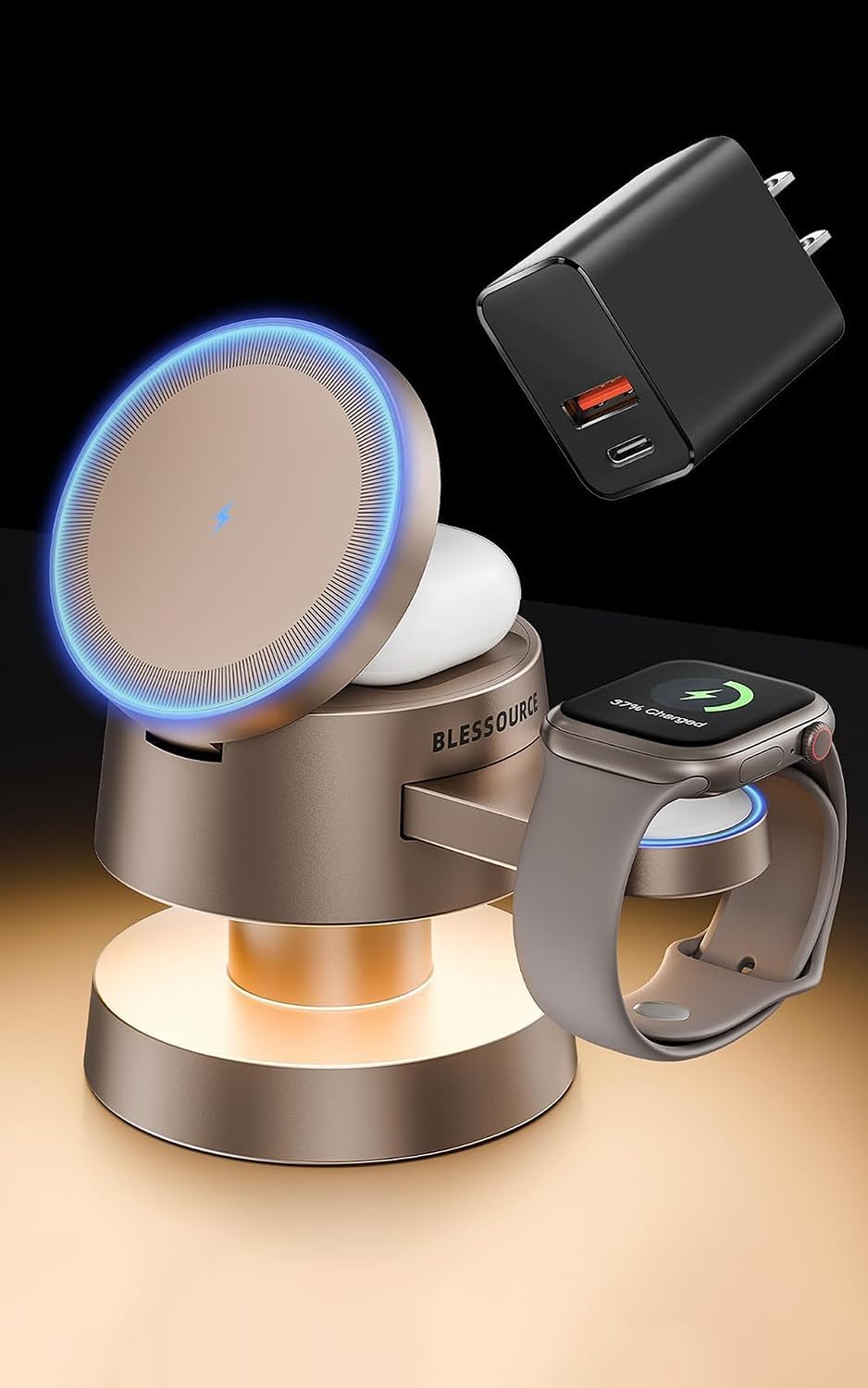 15W 4 in 1 Wireless Charging Station with Night Light for Apple & Samsung