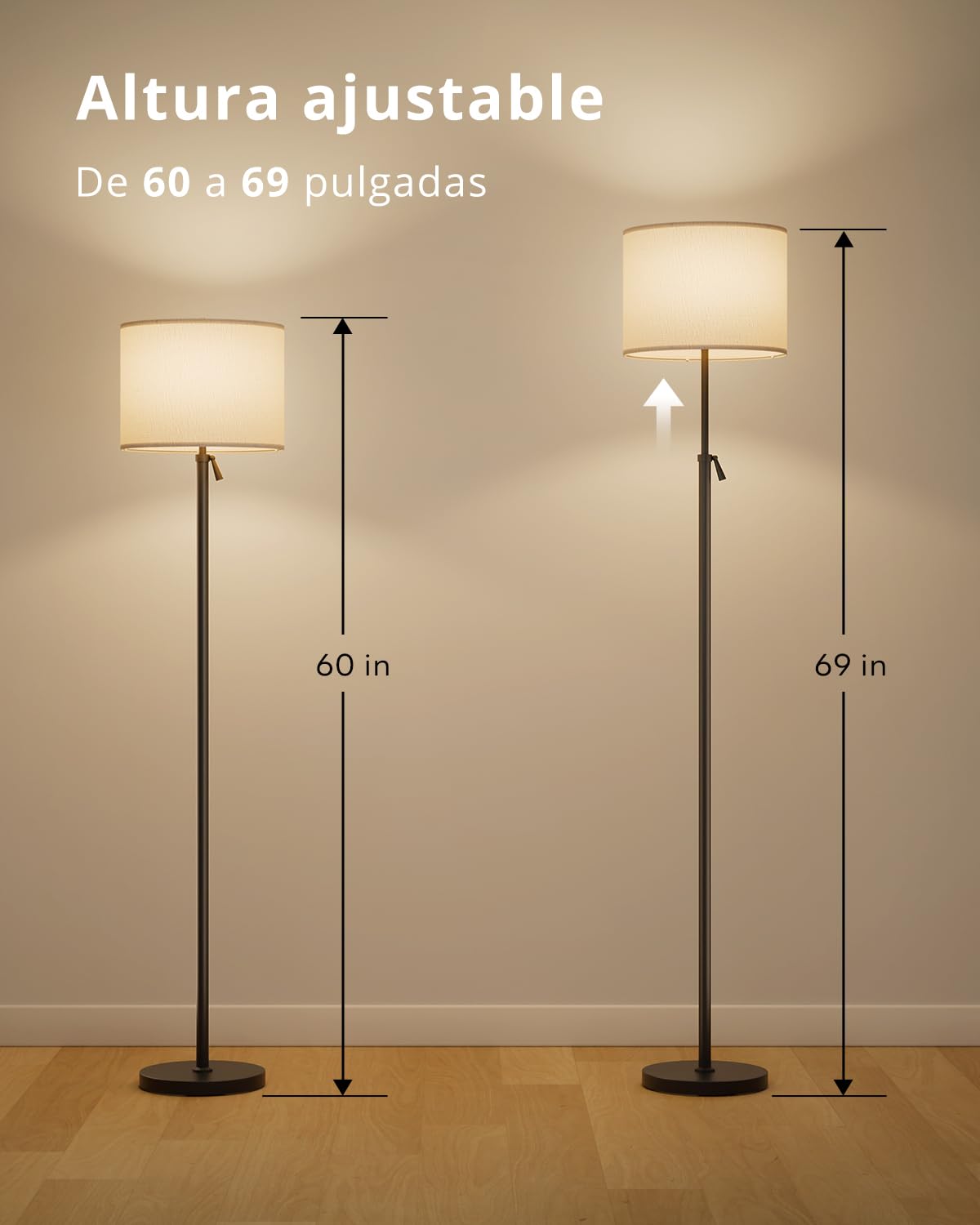 Lámpara de Pie LED Regulable en Altura, Pantalla Lino, Lámpara Telescópica 152-175cm, Mando Magnético, Luz RGB Regulable 1200lm 10W para Salón, Negro