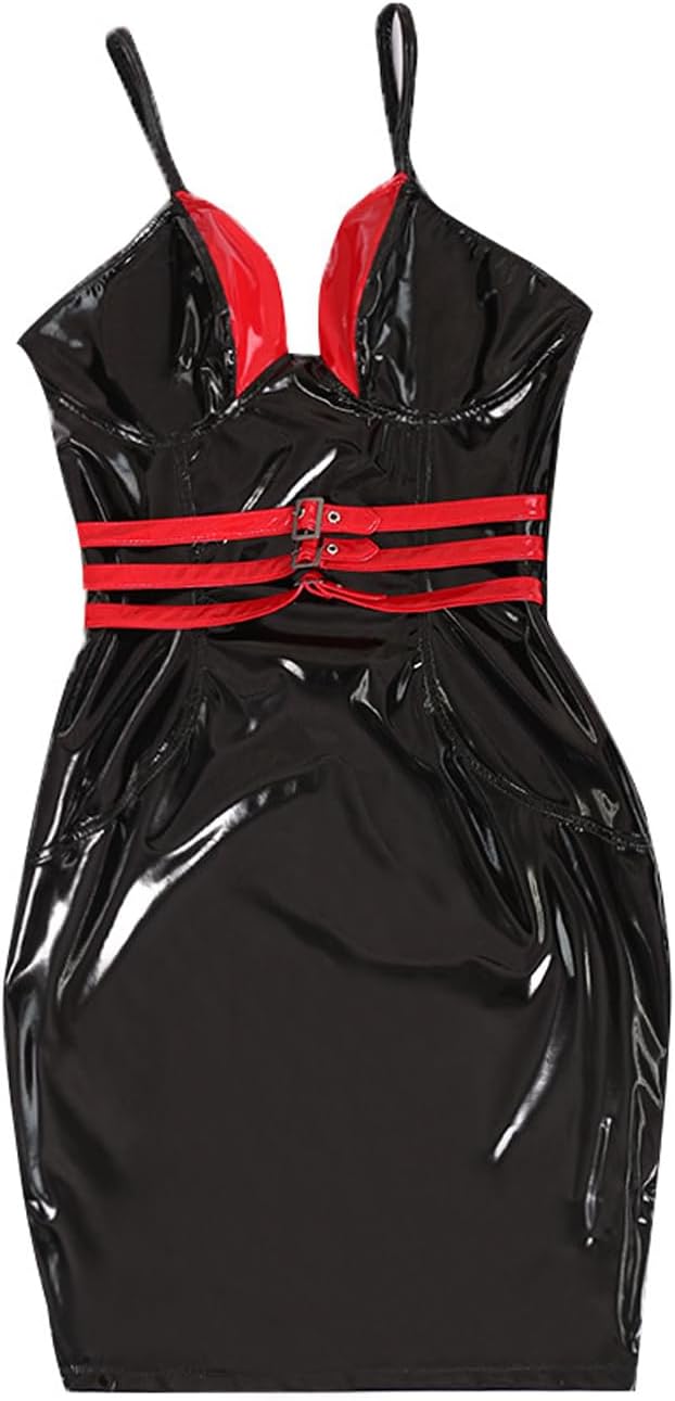 LESOYA Women's Sexy Shiny Wetlook PVC Leather Front Belts Sleeveless Bodycon Long Dress