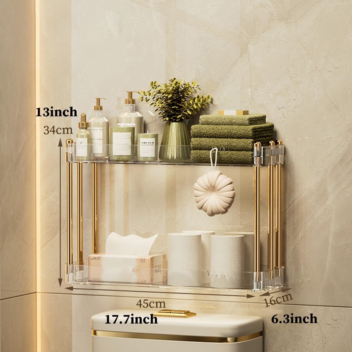 Bathroom Over The Toilet Storage Shelf, Above Toilet Storage Shelves, Over Toilet Bathroom Organizer with Non-Trace Adhesive, No Drilling Toilet Organizer (Color : /Black, Size : 2-Tier) (/White 2)