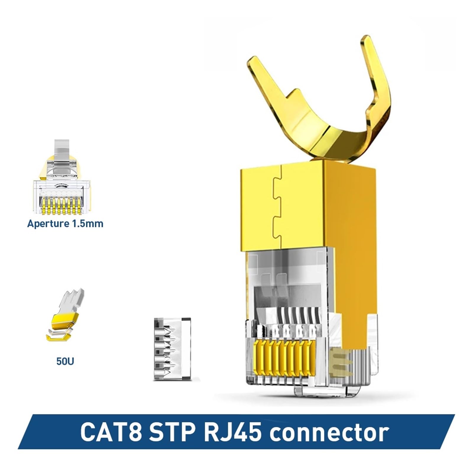 Conector CAT8 CAT7 CAT6A, Conector RJ45 no Recto, 3 Pines, 50 μ Chapado en Oro, con Funda de Alivio de tensión(30PCS,Gold)