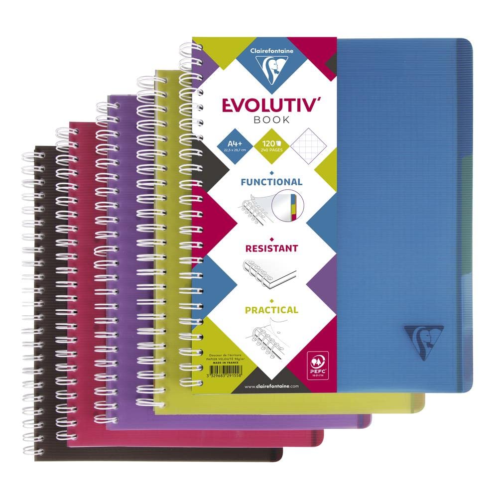 Clairefontaine Lot de 5 Cahiers spiralé Evolutiv'Book 240 p perfo 4 trous 23,5x29,7cm 5x5 - Intercalaires